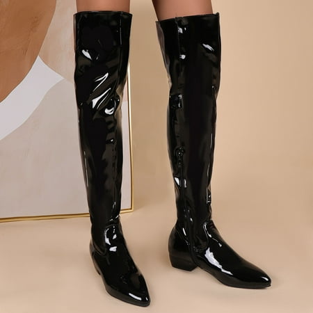 

Fall/Winter Candy Low Heel Patent Leather Side Zip Tall Over-the-Knee Boots