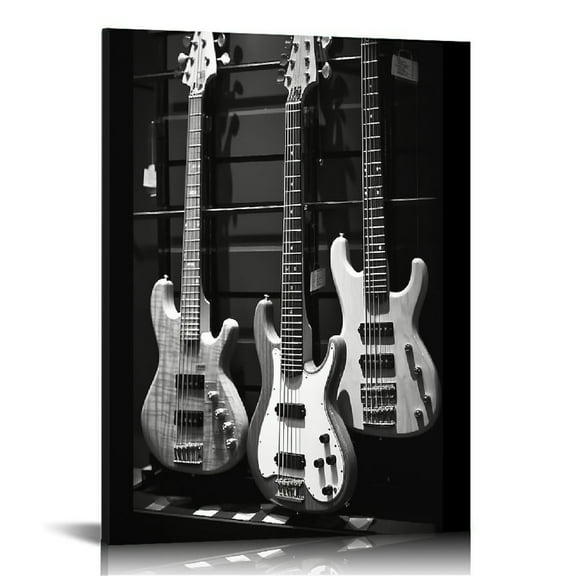 ONETECH  Music Canvas Wall Art Black and White Guitar Painting Picture Print on Canvas Modern Musical Instruments Poster for Office Bedroom Boy Room Decor Stretched  12x16 in