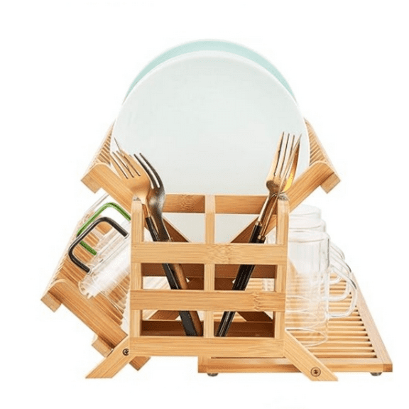 Bamboo Dish Drying Rack, 3 Tier Collapsible Wooden Dish Drying Rack with Utensil Holder, Plate Rack Holder for Kitchen Counter, Large Folding Drying Holder, Dish Drainer