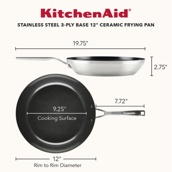 KitchenAid 12" Stainless Steel 3-Ply Base Ceramic Nonstick Induction Frying Pan, Dishwasher Safe, Oven Safe to 500°F,  Stainless Steel