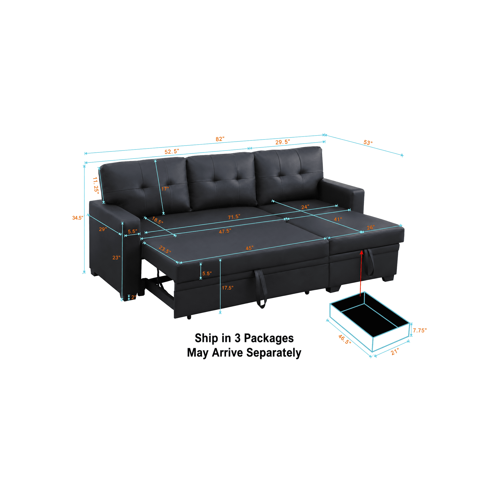 BSHTI 82" 3-Seat Linen Pull Out Sectional Sleeper Sofa with Storage Chaise, Removable Back Cushions for Living Room（Light Gray）