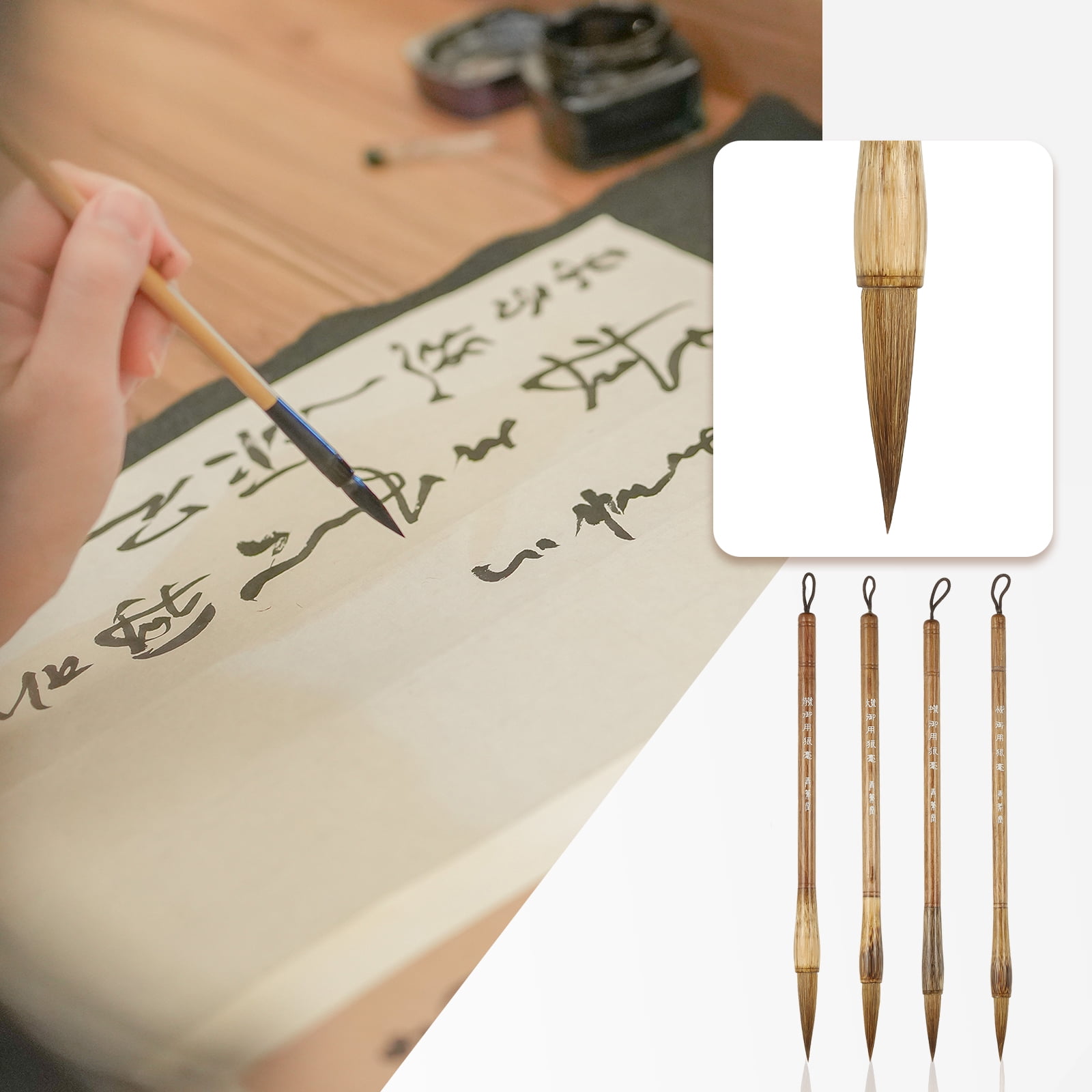 Uxcell Calligraphy Brush, Animal Hair Chinese Calligraphy Pen Ink Writing Brush Set for Watercolor, 4 Pcs