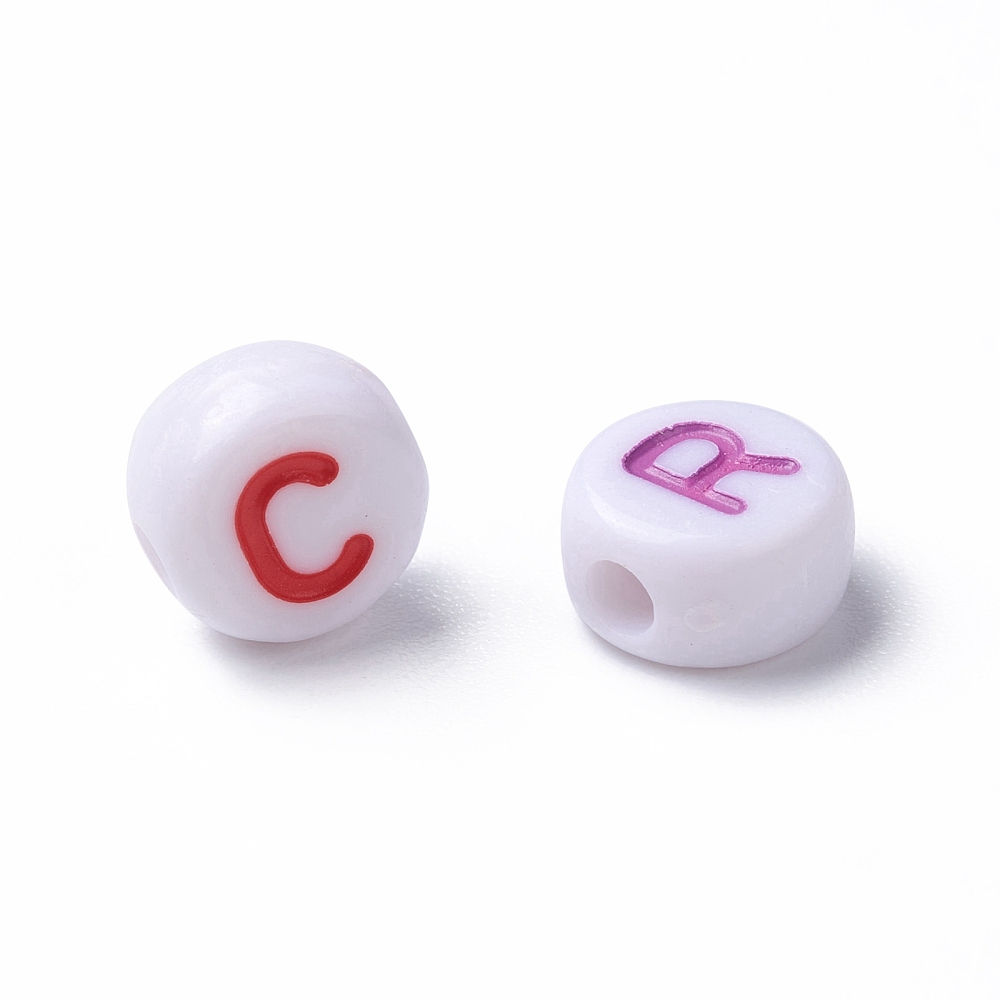 Opaque White Acrylic Beads Flat Round with Mixed color Letter Letter 7x3.5mm Hole: 1.2mm about 4000pcs/500g