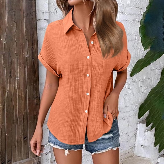 Vmvidoty Womens Button Down Shirt Short Sleeve Blouse V Neck Dressy Casual Business Work Tops with Pocket Orange XXL