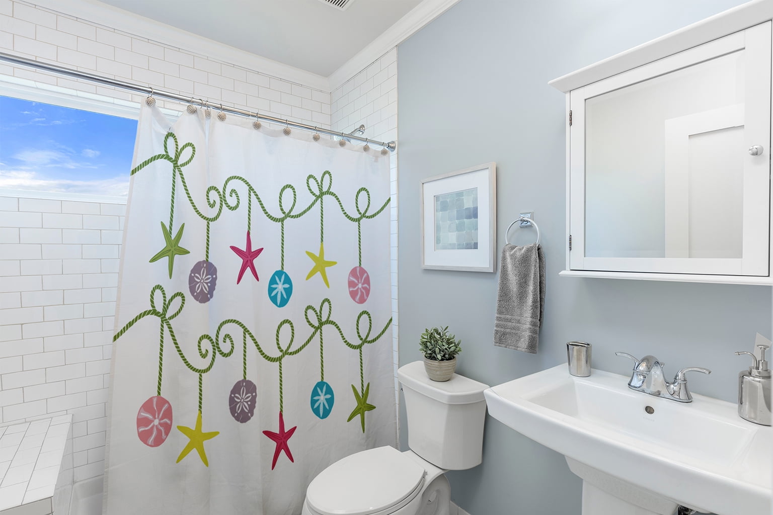 Simply Daisy 70" W x 73" L Sea Ornaments Polyester Shower Curtain, Green [1 Ct]
