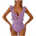 thumbnail image 4 of One Piece Swimsuits for Women Built-in Padded Cups V Neck Ruffle Shoulder Bathing Suit Ruched Tummy Control Monokini Flattering Full Coverage Beachwear, 4 of 6