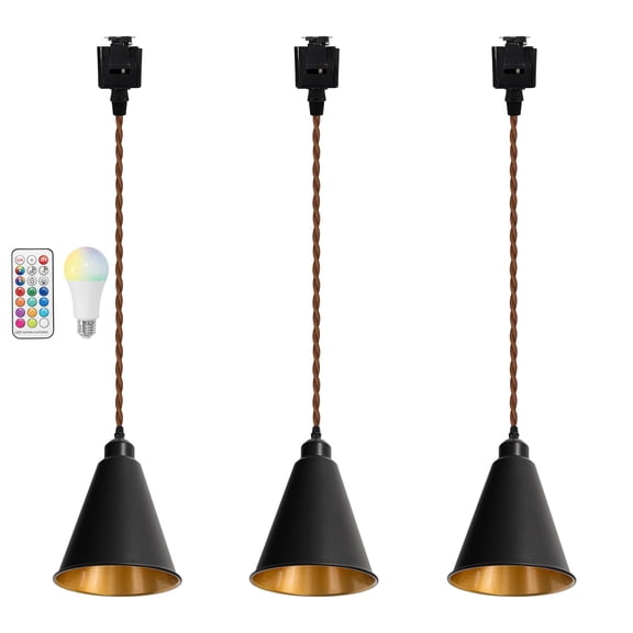 KAYYELAMP Set of Three Black Metal Cone Shade Inner Gold Track Lighting J-Type 39.3 Inches Woven Black Cord Remote RGB Warm Light Vintage Track Lamp for Kitchen Dining Table Loft
