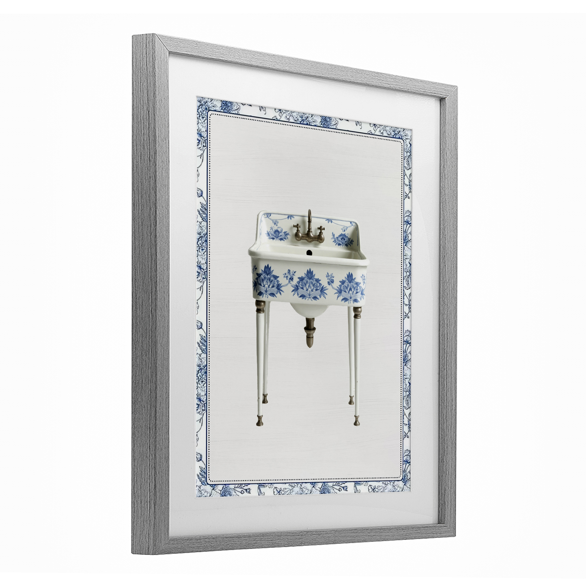 Vintage Chinoiserie Sink Gray Framed Print Under Glass, design by Lettered and Lined