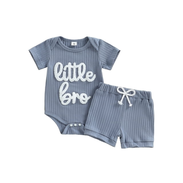 Argulvti 2Pcs Infant Boy Summer Outfit Crew Neck Short Sleeve Letters Embroidery Romper and Elastic Waist Shorts Set