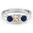 thumbnail image 3 of Gem Stone King 14K White Gold Peach Morganite & Blue Sapphire 3-Stone Engagement Ring | 1.10 Cttw | Round 5MM and 4MM | Three Stone Wedding Anniversary Promise Ring for Women (Size 8), 3 of 6