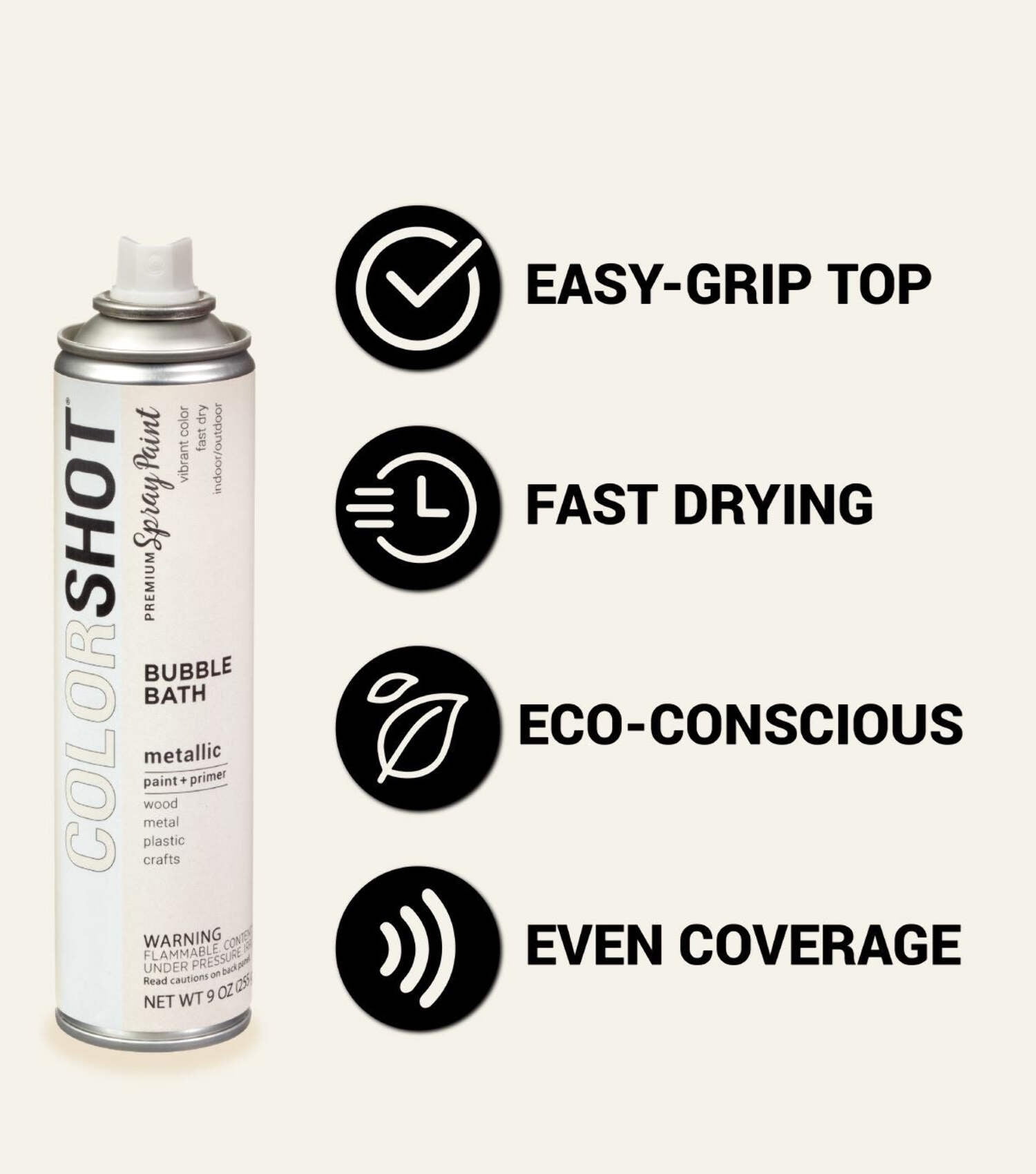 COLORSHOT Metallic Spray Paint, Bubble Bath (White) 9 oz. 4 Pack, Fast-Drying Acrylic Paint, Indoor & Outdoor Use