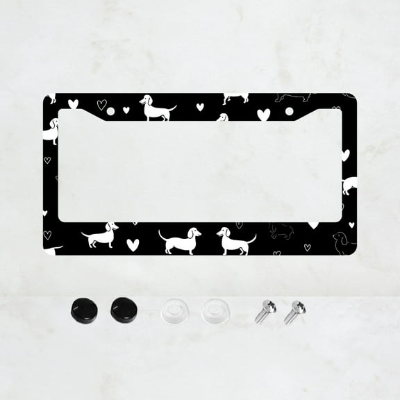 1pc Black and White Cartoon Dog Pattern 2 Hole License Plate Frame, Aluminum Material, 6x12 Inches, with Screw Set, Fun Car Decoration Gift, American Car License Plate Standard Universal Size