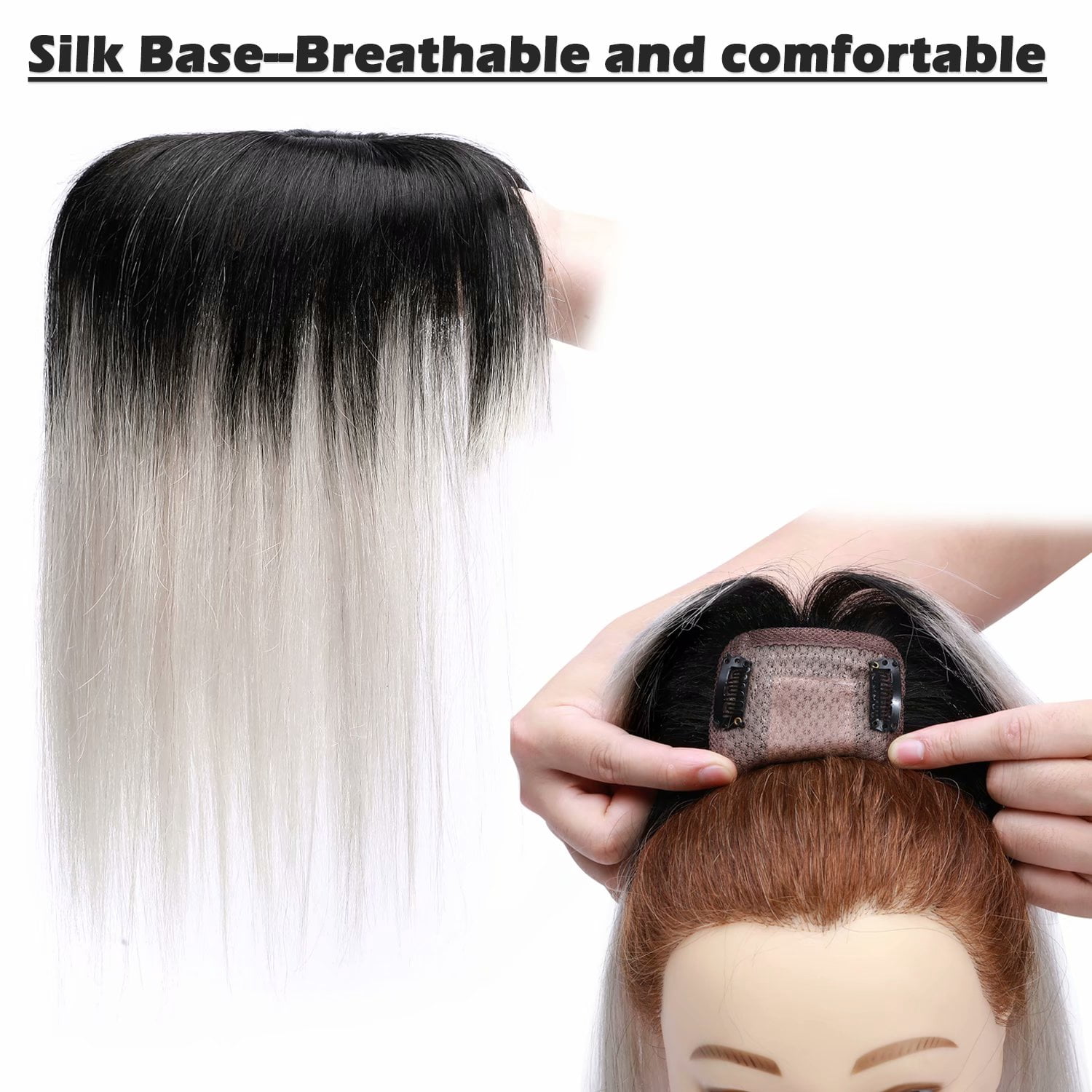 Benehair Silk Base Clip In 100% Real Remy Human Hair Extensions Hairpiece Topper Wig with bang Toupee Women Hair Loss 3 Clips Soft 1B Ombre Grey