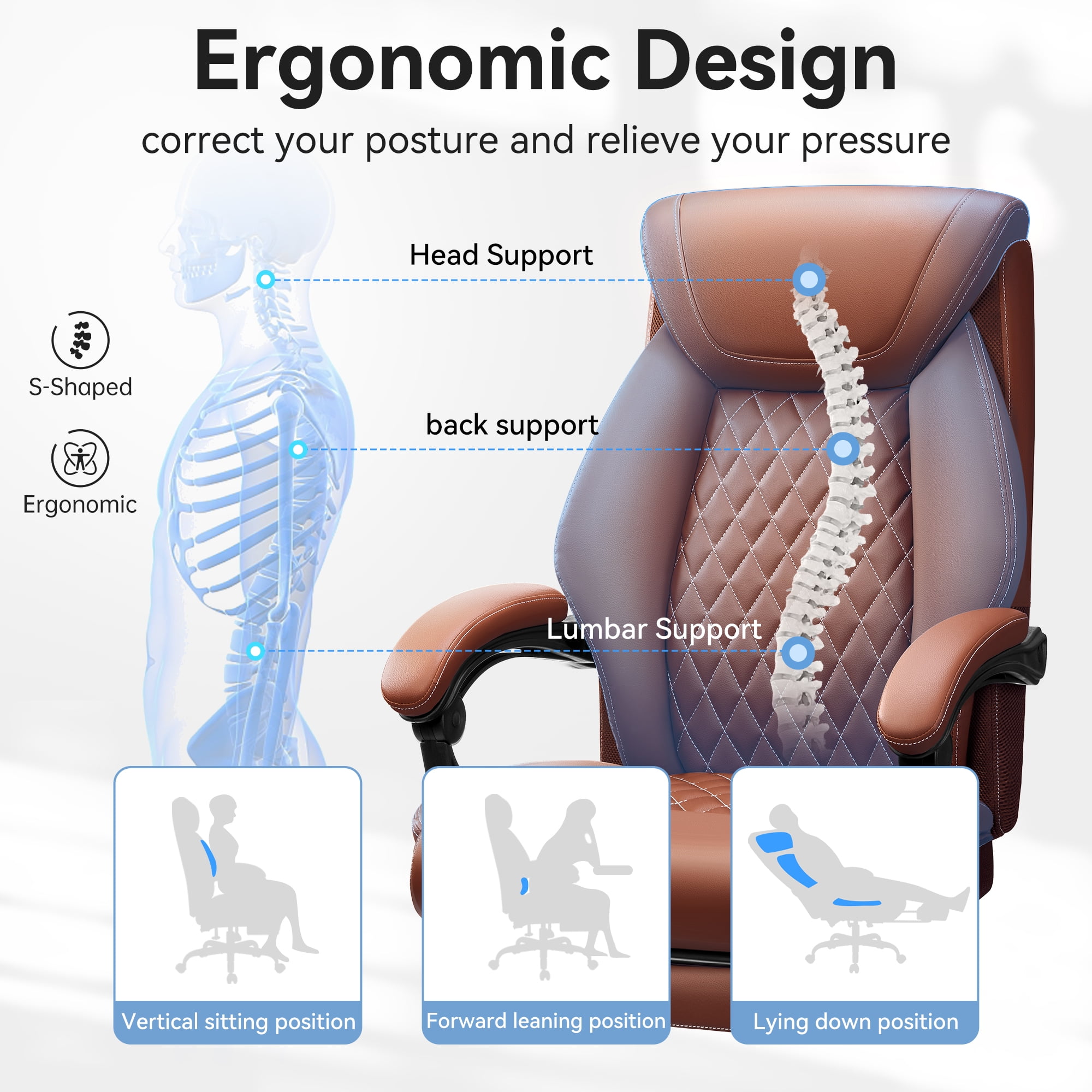 FASTES Ergonomic Office Chair, Big and Tall Leather Desk Chair with Footrest and Lumbar Support, 2-Position Reclining Executive Computer Chair, Brown