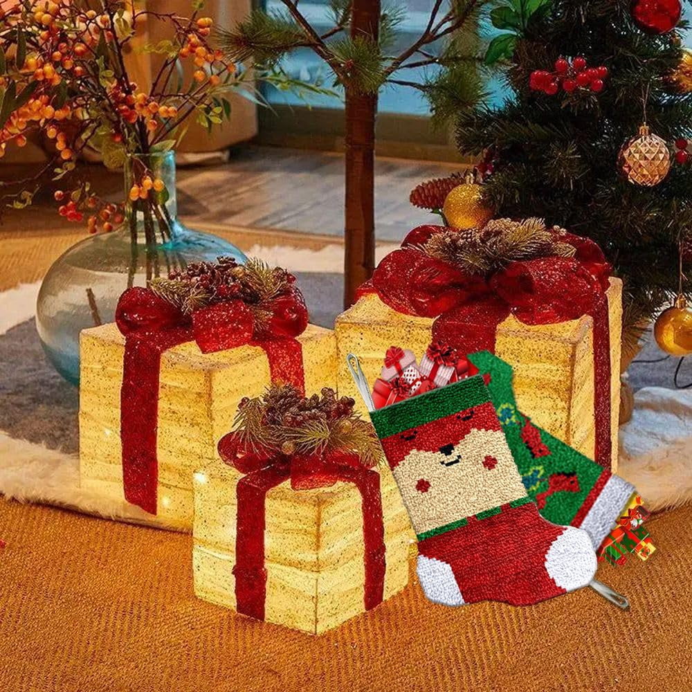 Latch Hook kits Christmas Red Sock Tree DIY Printed Canvas Crochet Yarn Embroidery Easy for Beginner Xmas Gift Stocking Bag for Christmas Ornament Decoration 43x31cm