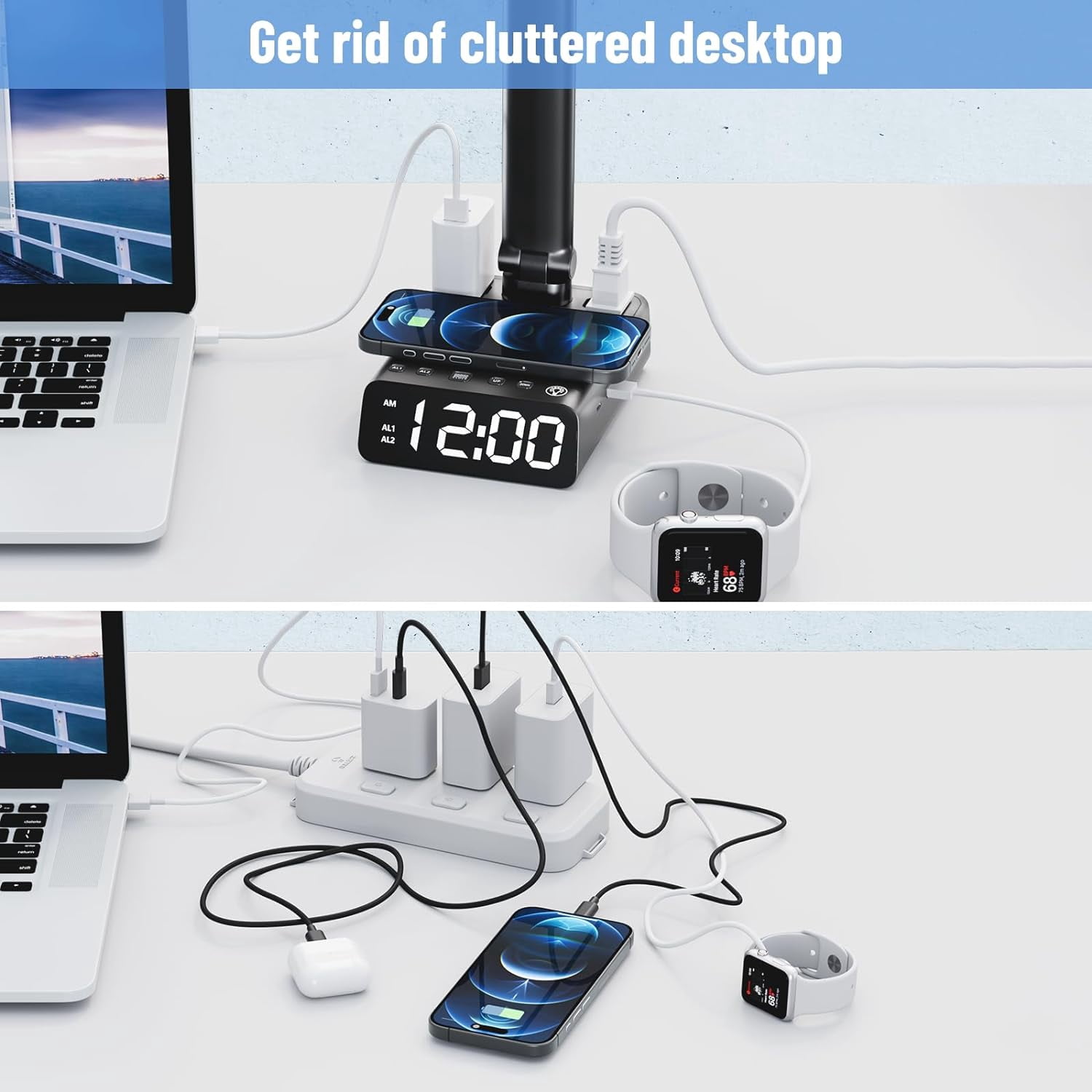 Desk Reading Lamp - 3 Adjustable Brightness Levels with USB C and A Ports - Black Alarm Clock Bedside Lamp with Wireless Charging for Reading Lighting