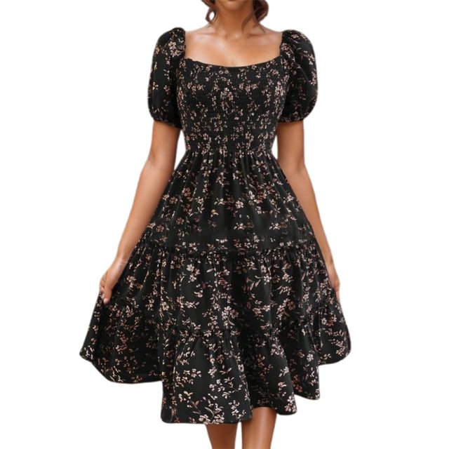 Robes d'Été pour Femmes, Robe de Soirée Décontractée à Fleurs, Col en V, Manches Courtes, Taille Enveloppante, Volants avec Poches, Robe Noire TG