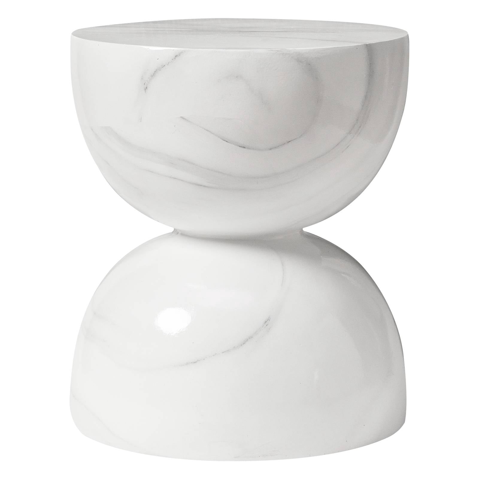 LeisureMod Minimalist Side Table, Fiber stone Round Hourglass Accent End Table Stool for Outdoor Patio, Indoor Home, Living Room Sofa, Weather-Resistant, Sage Series in Marbled White