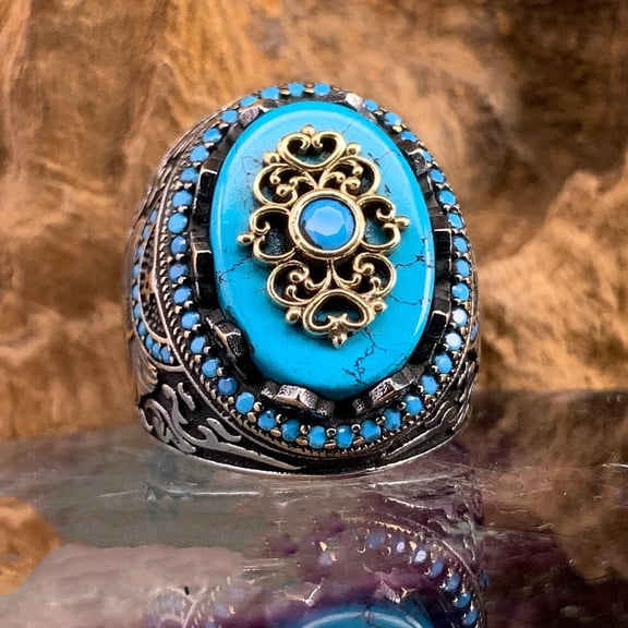 Turquoise Gemstone Embossed Pattern Ring Two Color Alloy Style Jewelry For Women European Modern Fashion Rings