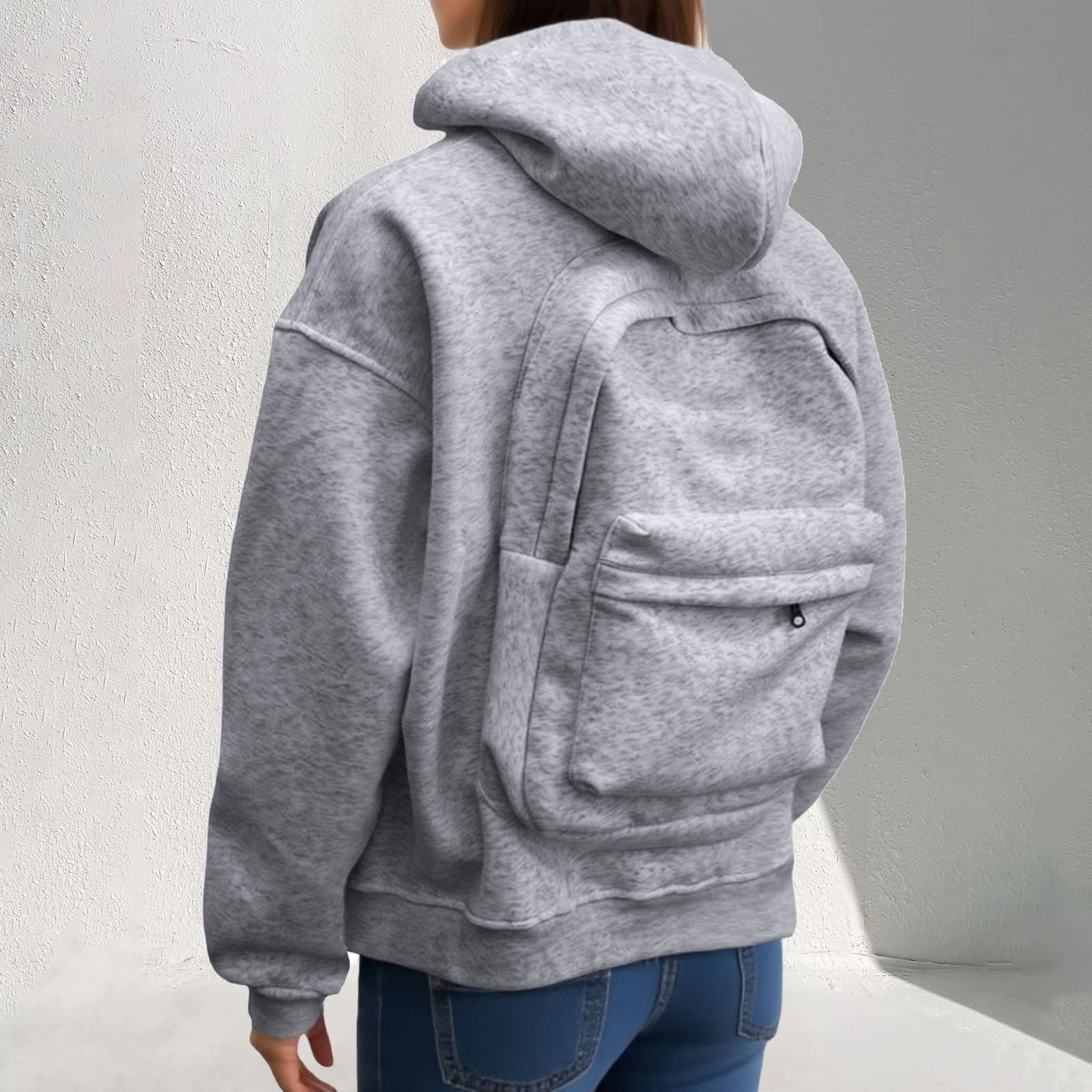 FEIFLY Women Men Casual Zip Up Hoodie With Backpack Design Front Pocket Lightweight Pullover Sweatshirt Long Sleeve Solid Color Outdoor Activities With Warm Velvet Inside