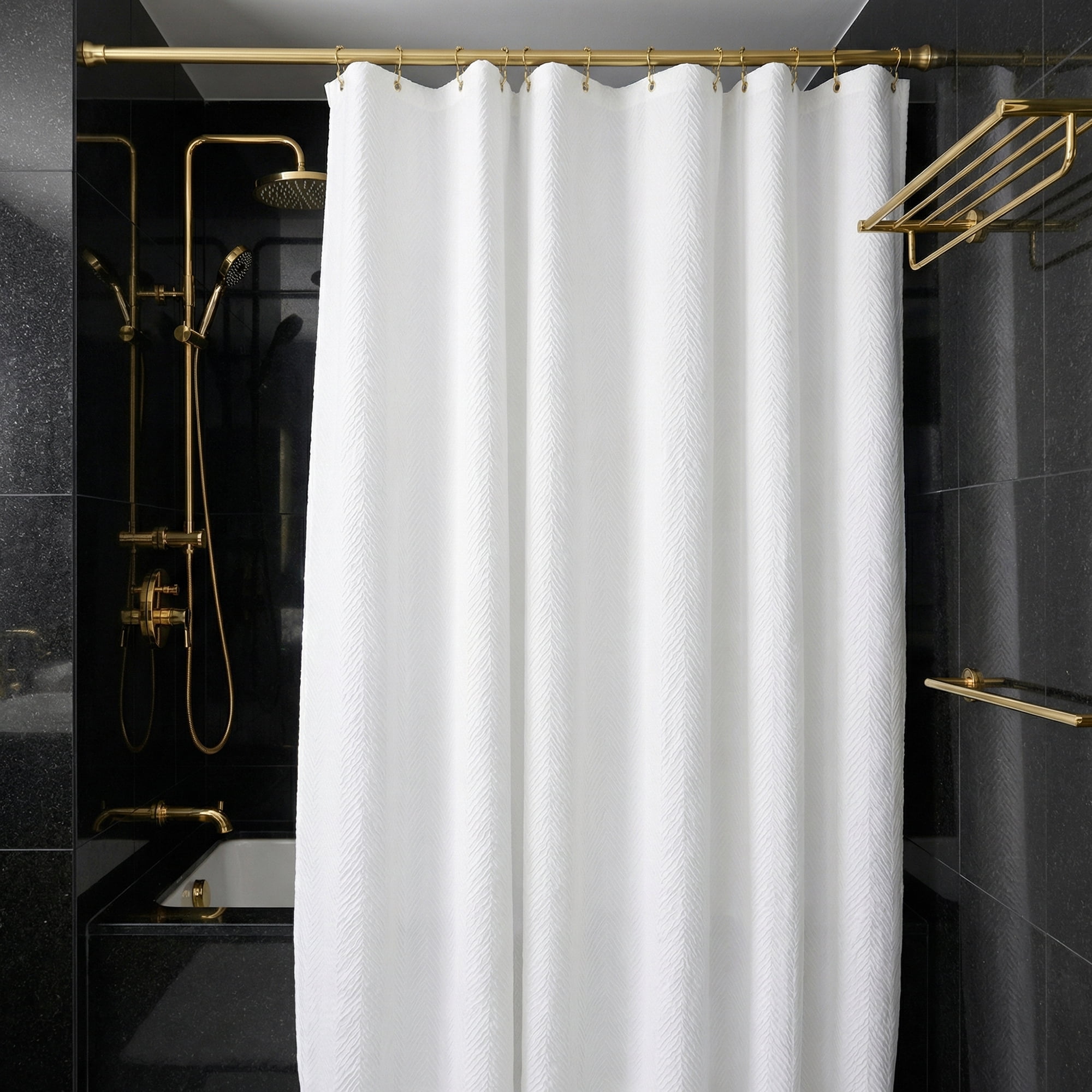Unique Bargains Waterproof Fabric Shower Curtain Sets White - Herringbone 71"W x 71"L