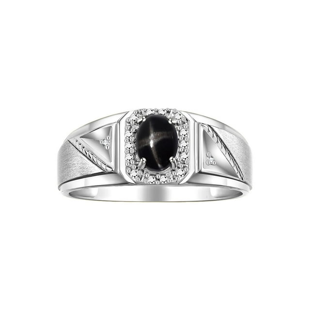 RYLOS Men's Rings 14K White Gold Classic 7X5MM Oval Gemstone & Diamond Ring Black Star Sapphire March Birthstone Rings For Men Size 9