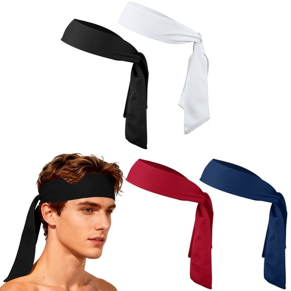 Uxcell Tie Sweatband Headband, Running Athletic Hair Head Band Adjustable Head Tie Non-Slip Moisture Wicking 4Pcs & Black/White/Red/Dark Blue -Fitting for (Tennis/Karate/Workout/Yoga)