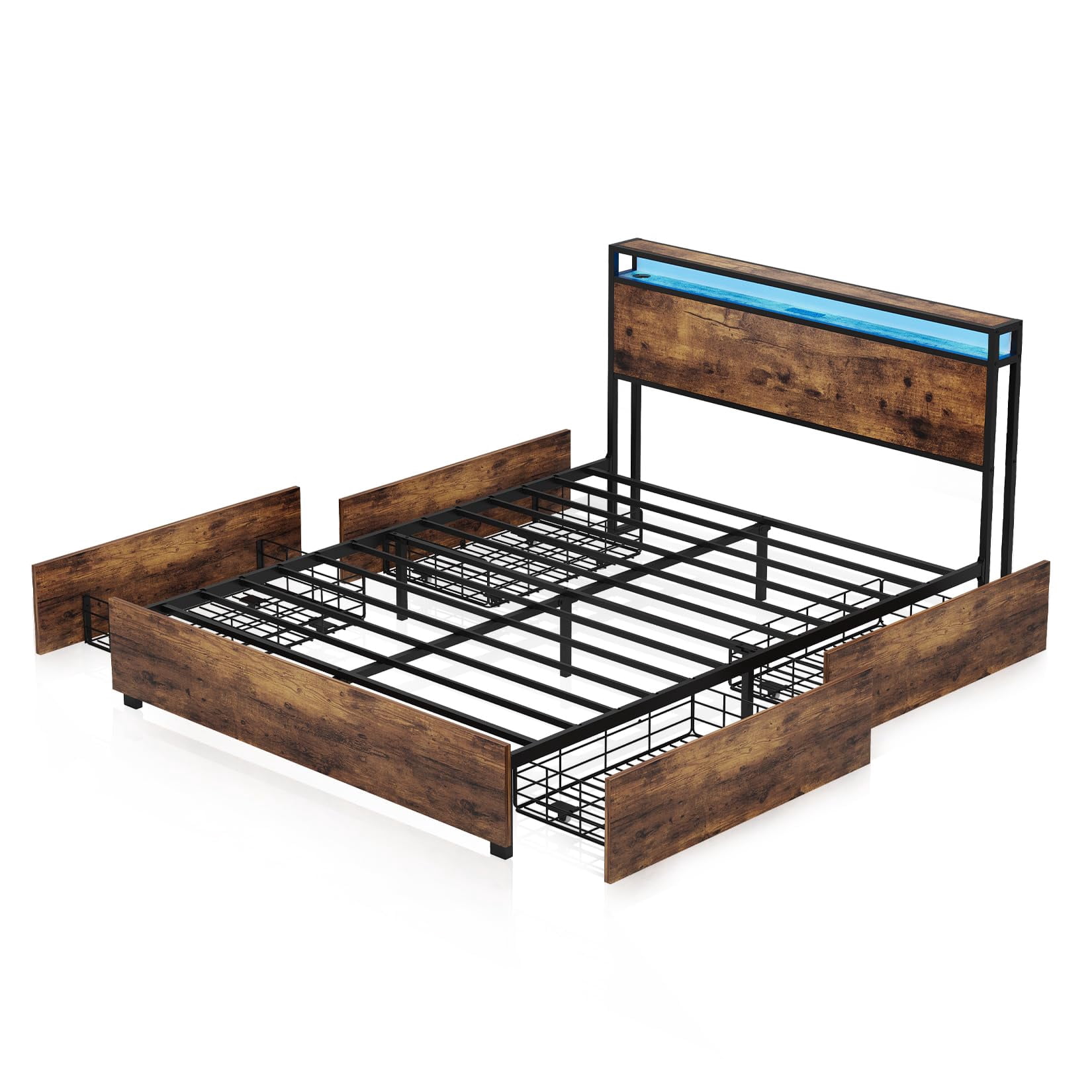 Yoneston LED Light Full Metal Platform Bed Frame with 2-Tier Storage USB Charging Station Headboard and 4 Large Side Drawers for Kids Teens Adults, Brown