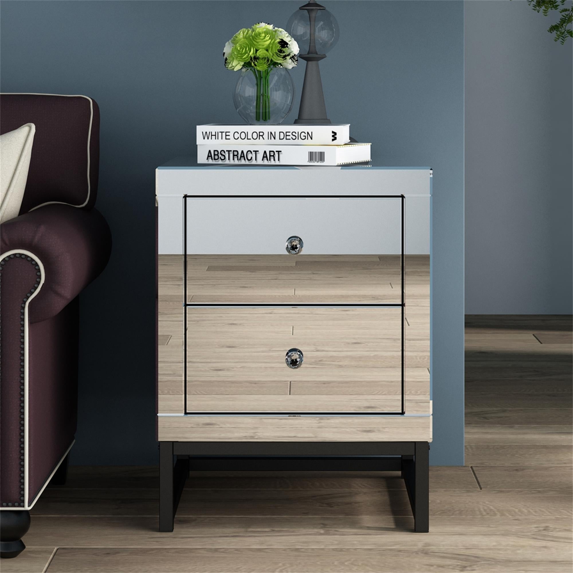 Resenkos Modern Mirrored Nightstand with 2 Drawers, Mirror Accent Silver Table for Living Room/Bedroom