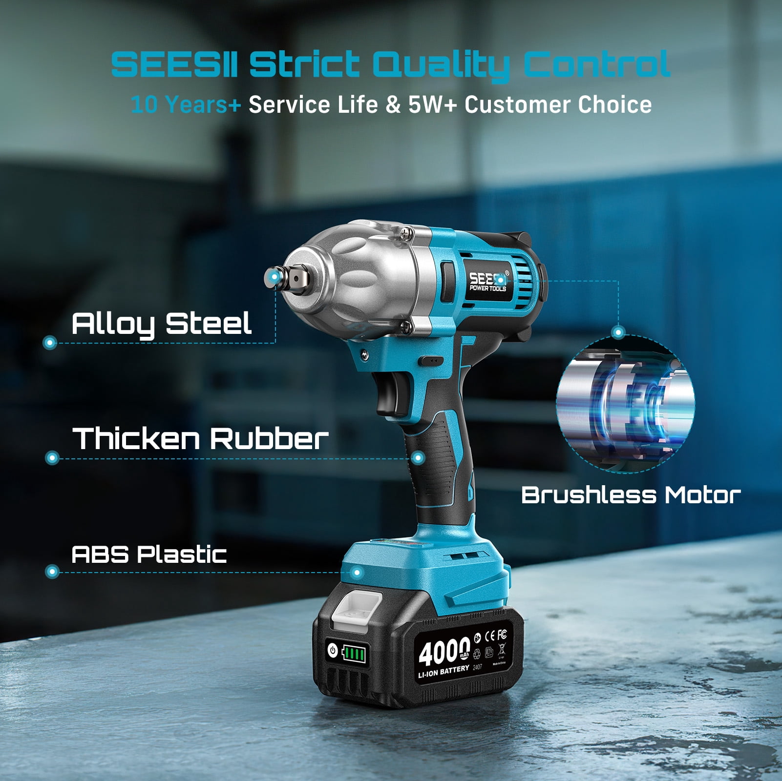 Seesii Electric Cordless Impact Wrench  1/2 885 FT-LBS(1200N.m) 3300IPM High Torque Brushelss Impact Gun 2x4.0Ah Battery 6 Sockets&Case
