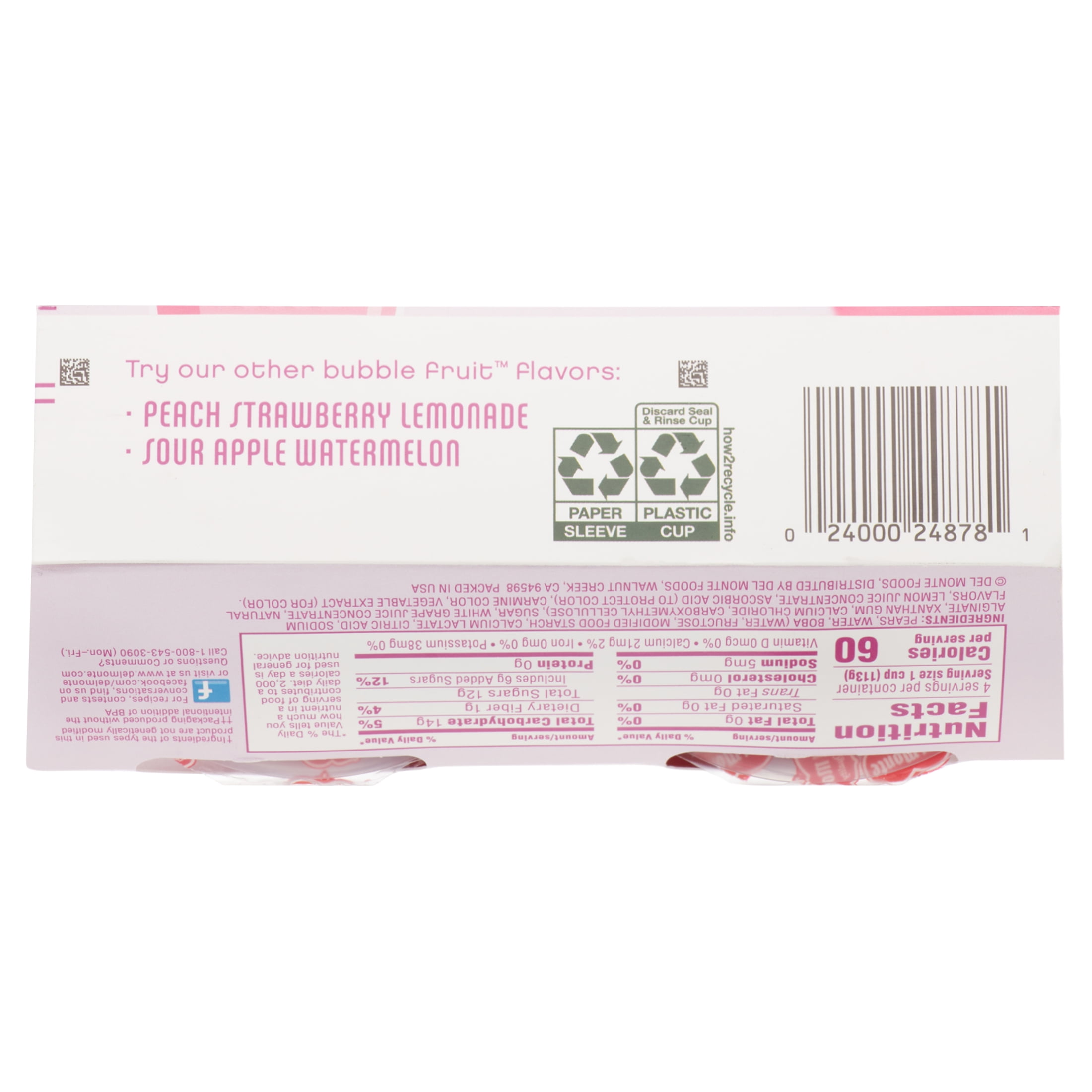 (4 Cups) Del Monte Pear Berry Pomegranate Bubble Fruit Cups, 4 oz