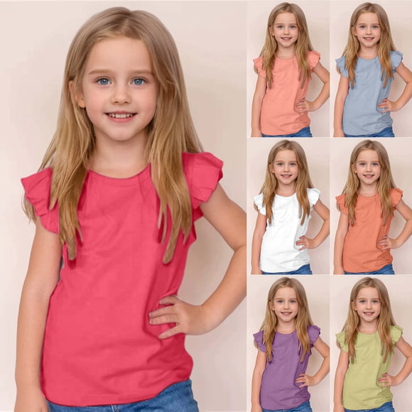 T-shirt à Manches à Volants pour Filles Tout-Petits, Débardeur Basique à Manches Courtes Bouffantes, Blouse Unie, Vêtements Décontractés pour Enfants