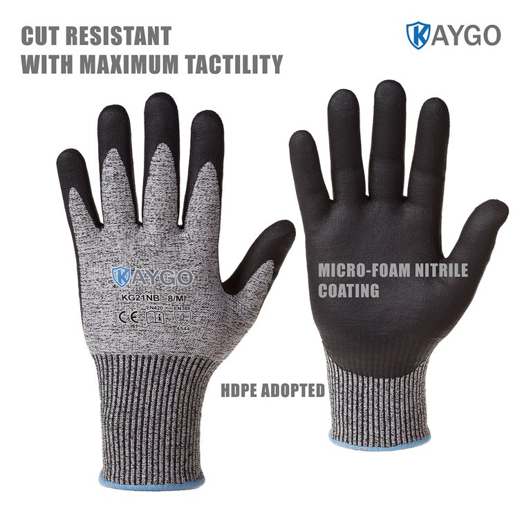 Cut Resistant Work Gloves Microfoam Nitrile Coated-2 Pairs,KAYGO KG21NB, High Cut Level 5,Superior Grip Performance,Wrapped for Vending,Ideal for