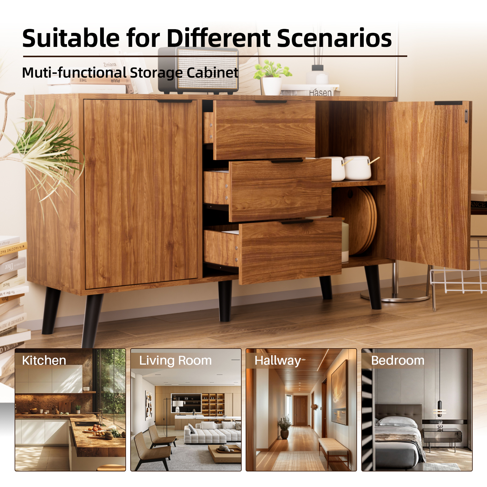 Msutree Buffet Sideboard Cabinet with Storage, Mid-Century Storage Cabinet with 3 Drawers and 2 Doors, Kitchen Pantry Cabinet, Freestanding Accent Storage Cabinet for Living Room, Entryway
