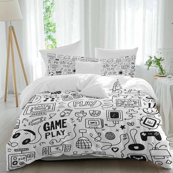 3 Piece Video Game Duvet Cover Set California King,Microfiber Comforter/Quilt Cover with Corner Ties and 2 Pillowcases,Black White Game Controller Monochrome All Season Bedding with Zipper Closure