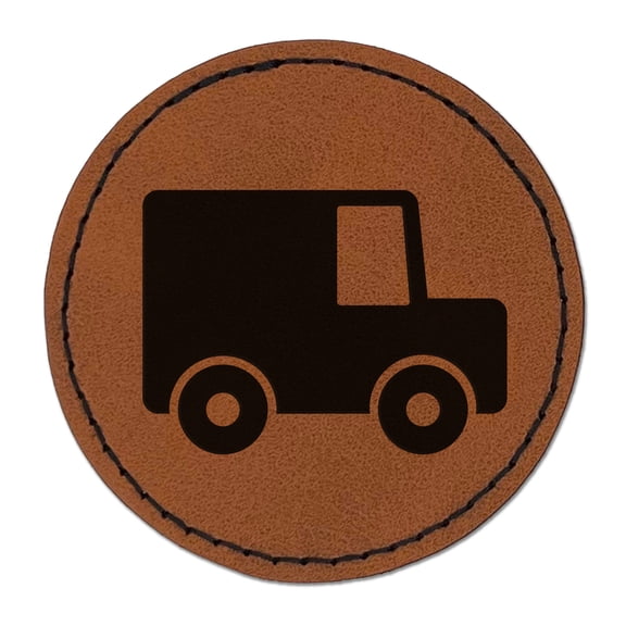 Delivery Moving Truck 2.5" Faux Leather Round Engraved Iron-On Patch - Brown
