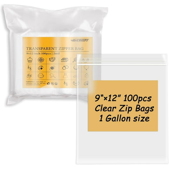 9×12 Clear Ziplock Bags 100 Count, 2mil Thick 1 Gallon Food Safe Plastic Zip Poly Bags for Storage