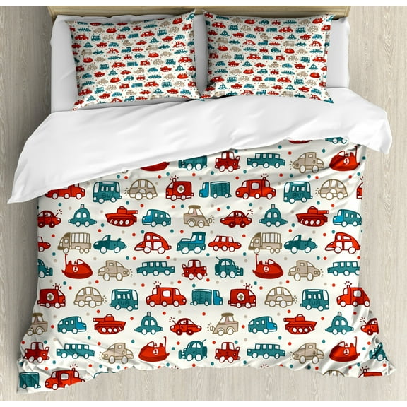 Cars Duvet Cover Set King Size, Cheerful Baby Boy Play Things in Kids Doodle Style with Many Different Vehicles, Decorative 3 Piece Bedding Set with 2 Pillow Shams, Teal Scarlet Tan, by Ambesonne