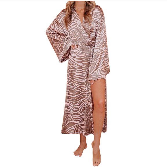 Wyongtao Silk Robes for Women Print Long Satin Bride Bridesmaid Wedding Party Robes Lightweight Sexy Sleepwear,Gray XL