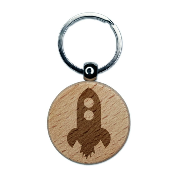 Rocket Ship Doodle Round Keychain Charm Tag - Engraved Wood