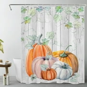 HVEST Fall Plant Shower Curtain for Bathroom,Watercolor Pumpkin and Green Leaf on Rustic Vintage Grey Fabric Shower Curtain with Hooks,Autumn Farmhouse Bathroom Curtain Shower Set, 60x72 inches