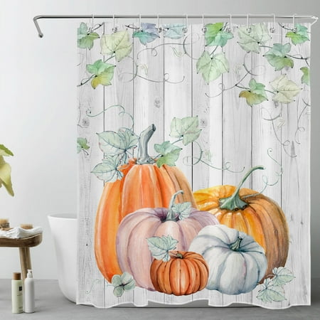 HVEST Fall Plant Shower Curtain for Bathroom,Watercolor Pumpkin and Green Leaf on Rustic Vintage Grey Fabric Shower Curtain with Hooks,Autumn Farmhouse Bathroom Curtain Shower Set, 60x72 inches
