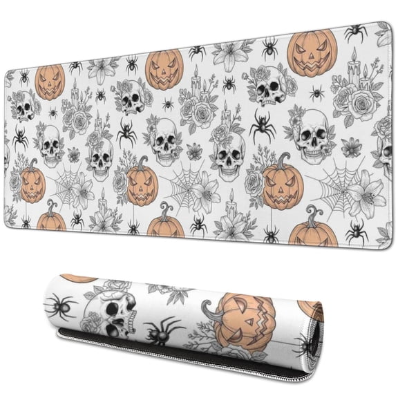 Long Mouse Pads for Desk,White Halloween Skull Pumpkin Spider Desk Mats on Top Of Desks, Desk Mouse Pad Extra Large with 3mm Non-Slip Base and Stitched Edge for Gaming,Work,Home 31.5"x11.8"