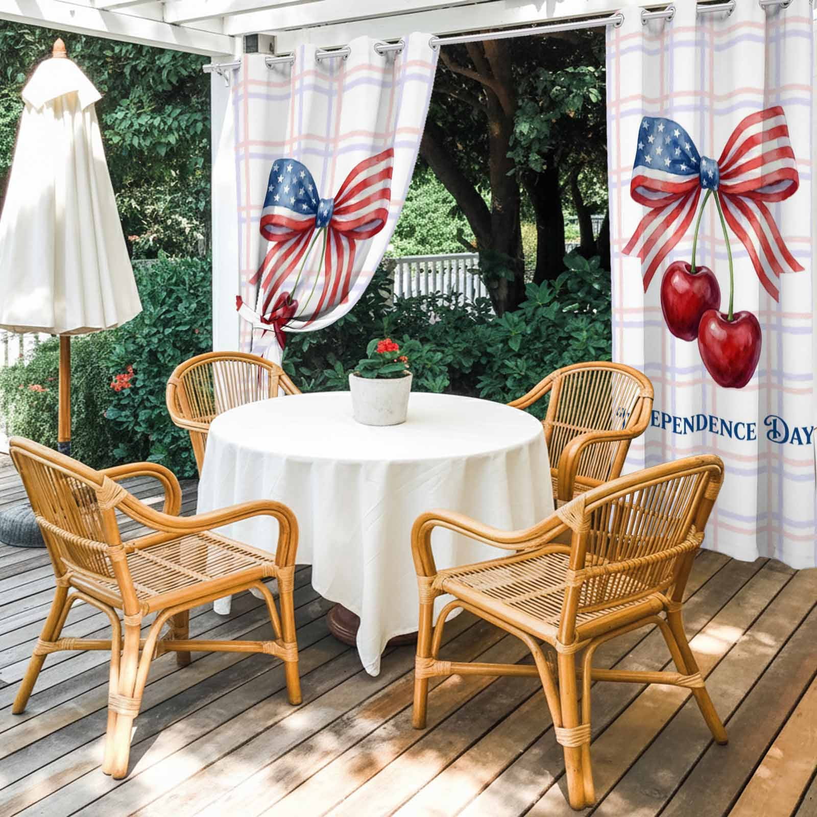 Independence Day Outdoor Curtains for Patio, Red Blue American Flag Bow Cherry Pink Purple Plaid Sunshade Privacy Drapes Grommet Waterproof Outside Curtains for Porch/Cabana/Balcony 54"x108", 2 Panel