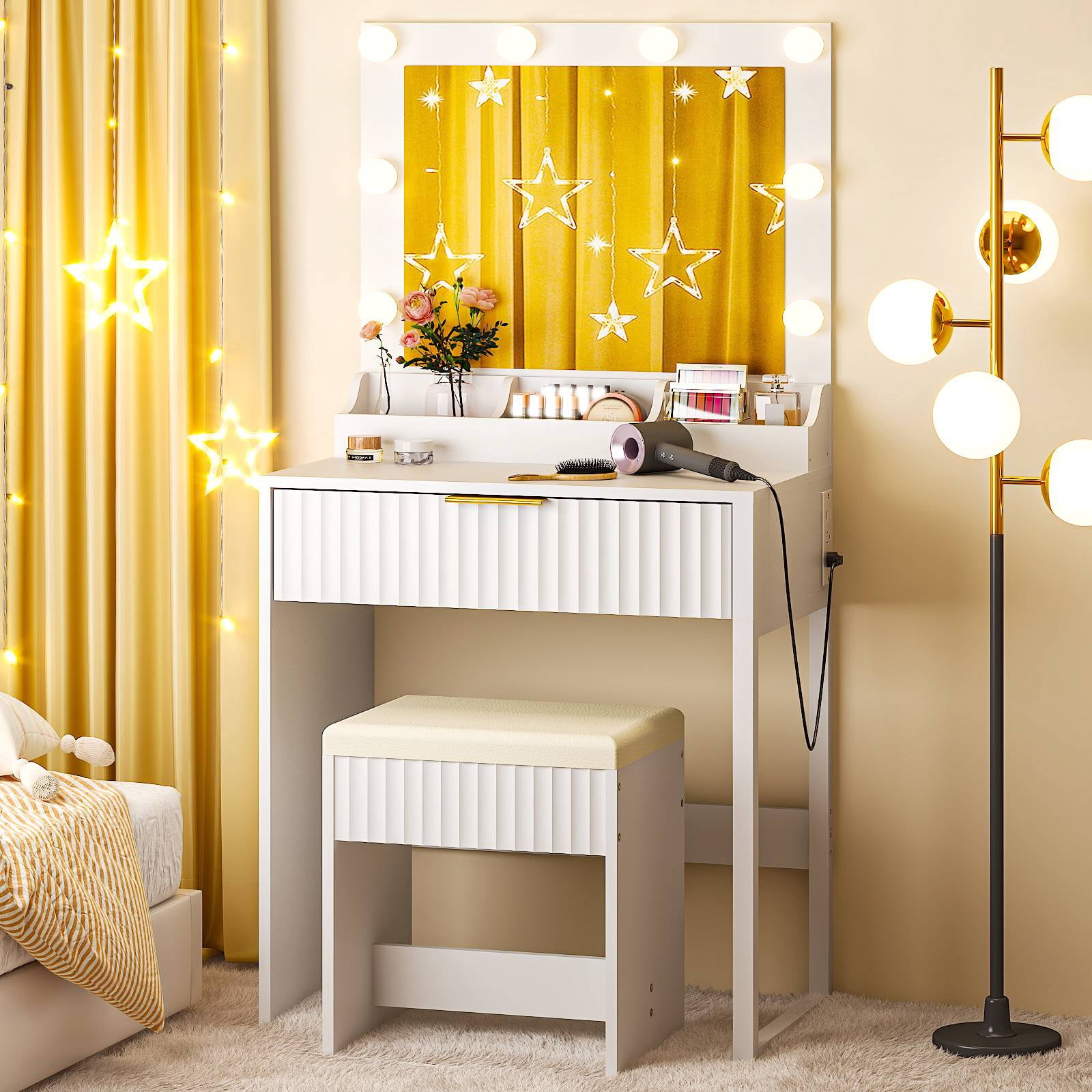 Ktaxon Flutted Makeup Vanity Table w/Stool, Dressing Desk with Charging Station, For Femal Gift, White
