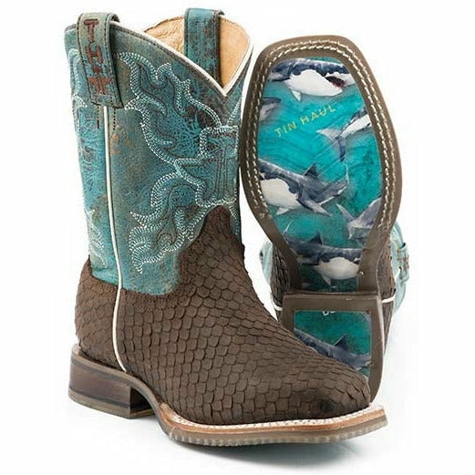 Kid's Tin Haul Cross Cut Boots with Shark Sole Handcrafted Brown, Boy's, Size: 13