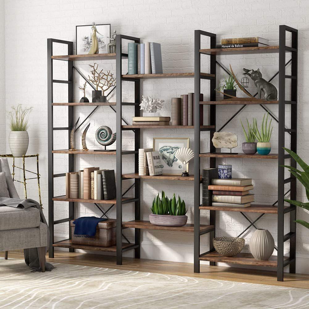 Tribesigns Triple Wide 5-Shelf Bookcase Black Etagere Large Open Bookshelf Vintage Industrial Style Shelves Wood and Metal bookcases Furniture for Home & Office