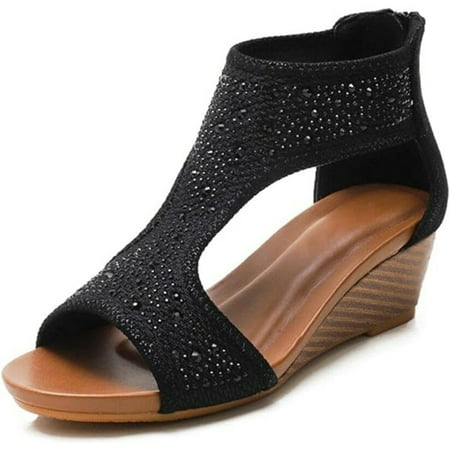 

ZBCHLS Sandals for Women Summer Rhinestone Flat Low Heel Strappy Hollow Flip Flop Open Toe Casual Ladies Sandals Retro fashion Seaside