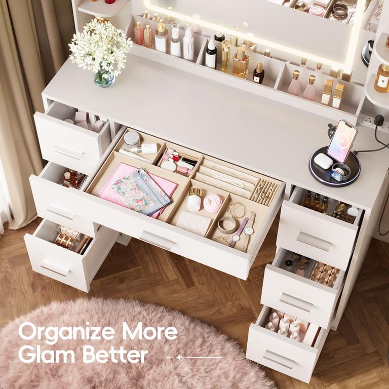 Homall Makeup Vanity Set with Mirror, Vanity Desk with LED Mirror & Charging Station, Vanity Table with Storage Drawers & Shelves for Bedroom Dressing Room, White