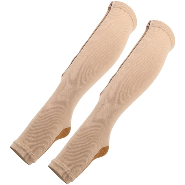 par de medias de compresión con cremallera hasta media pantorrilla, polainas delgadas, calcetines elásticos con punta abierta (calcetines con cremallera (color de piel, parte inferior bronce) L/XL)